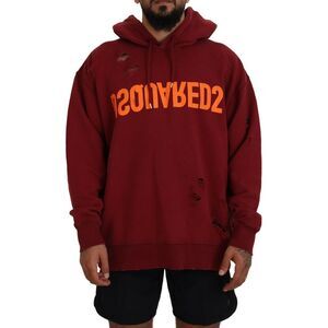Dsquared² Maroon Cotton Tattered Hooded Printed Pullover Men's Sweater